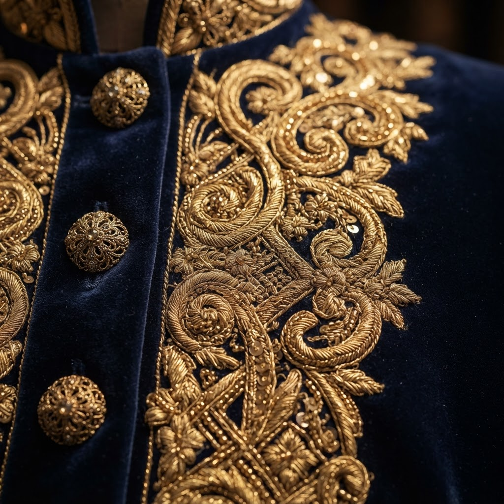 Broderie fil d’or sur tissu navy profond, le geste signature de la maison MCFA Style